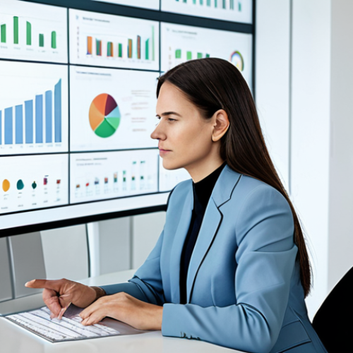 Home 11 A professional businesswoman, fully clothed in a modest, modern business suit, is thoughtfully analyzing data on a sleek, translucent digital interface. The interface displays clear graphs and a customer journey map, highlighting key pain points. She is seated at a minimalist desk in a well-lit, contemporary office with subtle geometric patterns on the wall, embodying a focus on analytical problem-solving. Perfect anatomy, correct proportions, natural pose, well-formed hands, proper finger count, natural body proportions. Professional photography, high quality, safe for work, appropriate content, professional dress.