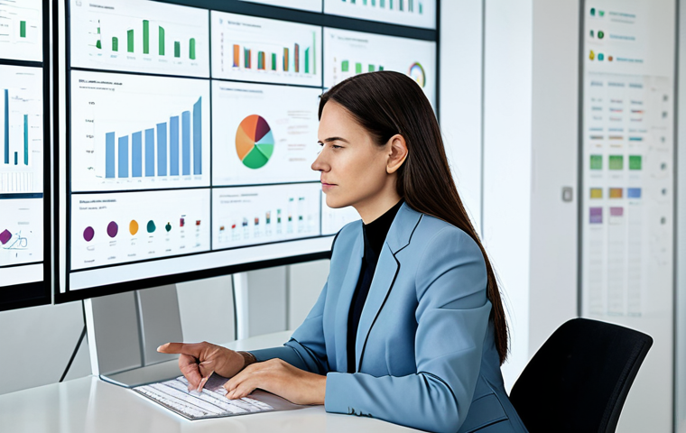 A professional businesswoman, fully clothed in a modest, modern business suit, is thoughtfully analyzing data on a sleek, translucent digital interface. The interface displays clear graphs and a customer journey map, highlighting key pain points. She is seated at a minimalist desk in a well-lit, contemporary office with subtle geometric patterns on the wall, embodying a focus on analytical problem-solving. Perfect anatomy, correct proportions, natural pose, well-formed hands, proper finger count, natural body proportions. Professional photography, high quality, safe for work, appropriate content, professional dress.