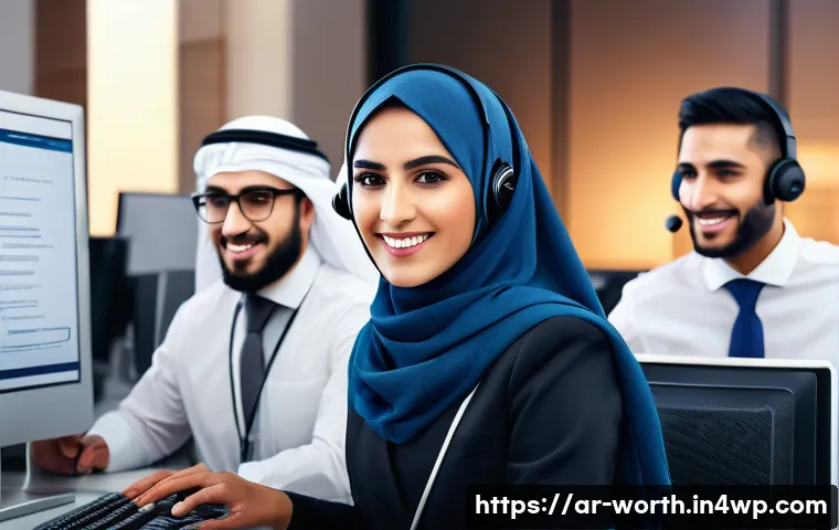 고객 만족도와 가치 제안의 상관관계 - A modern Middle Eastern customer service center scene showing a professional Arabic male and female ...