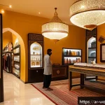 Home 23 제품 맞춤화와 가치 제안 - A warm and inviting Middle Eastern boutique store interior showcasing a wide variety of customizable...