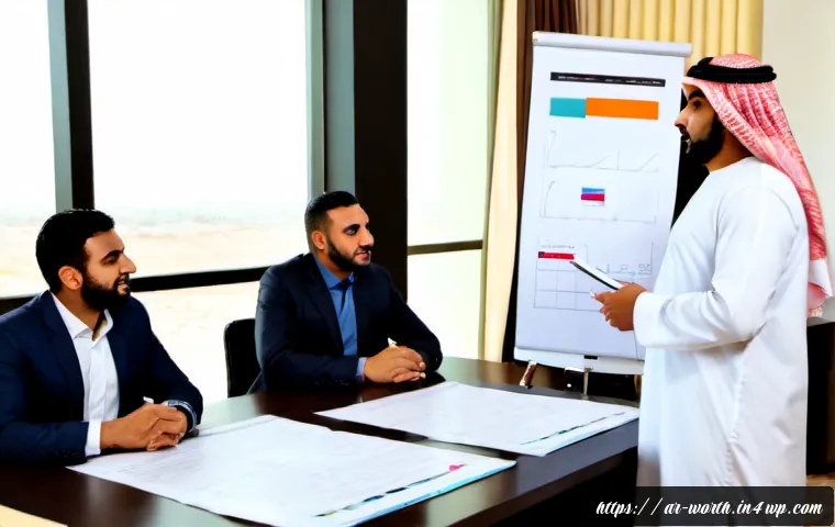 가치 제안 문서화의 필요성 - Photorealistic modern Gulf-region business meeting, an Arab entrepreneur in modest professional atti...