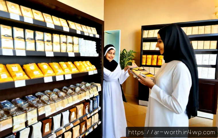 가치 제안이 고객 경험에 미치는 영향 - Photorealistic upscale Middle Eastern retail boutique in a Gulf city, an Arab woman in elegant modes...